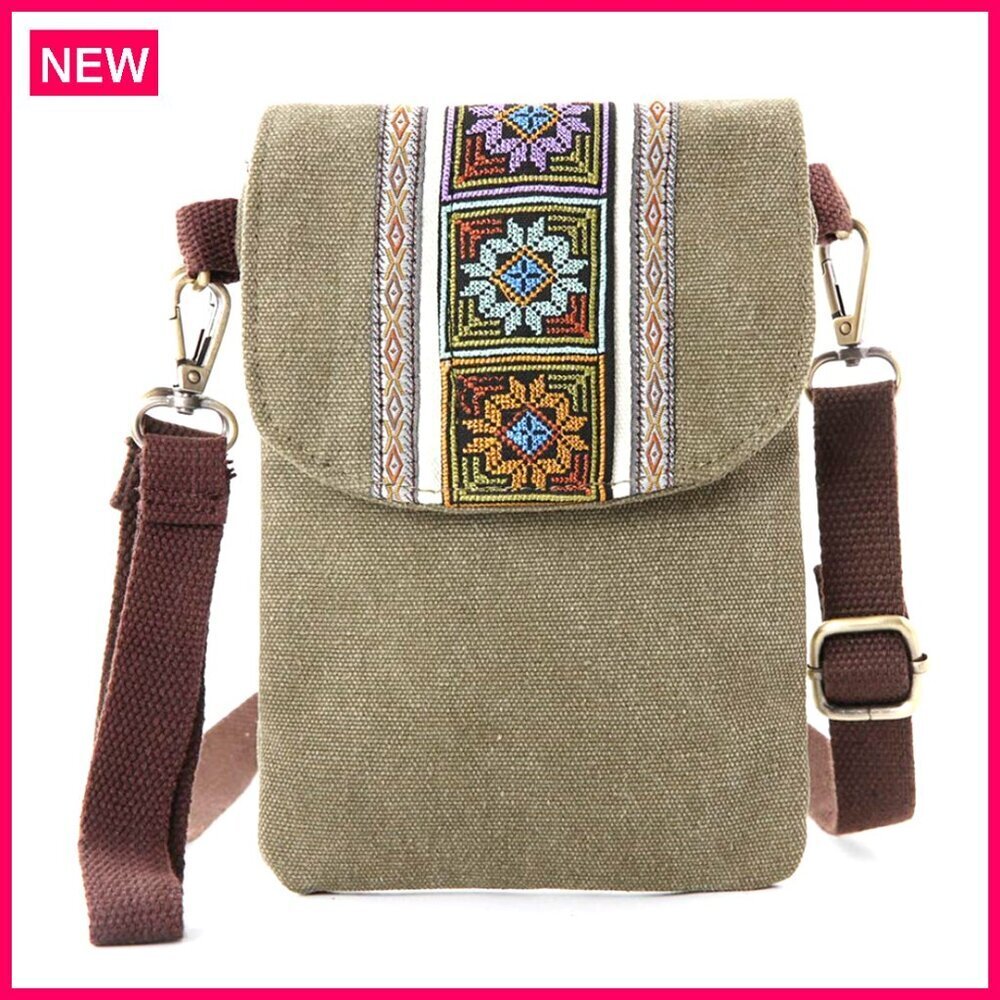 Vintage Embroidered Canvas Crossbody Phone Pouch Wristlet Wallet Bag